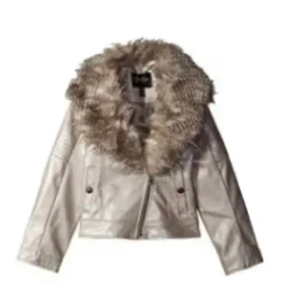 Jessica Simpson motorcycle faux leather remova fur feather 14-16  Jacket